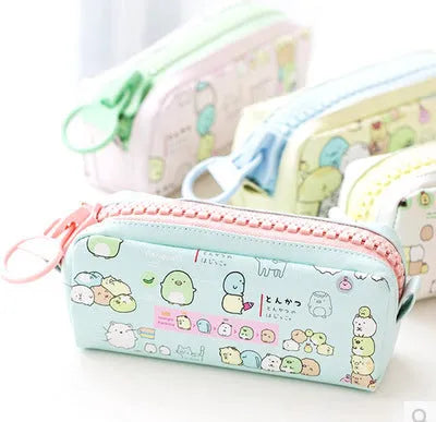 Leather corner animal pencil case in cartoon pattern with zip closure, compact storage for pens and pencils