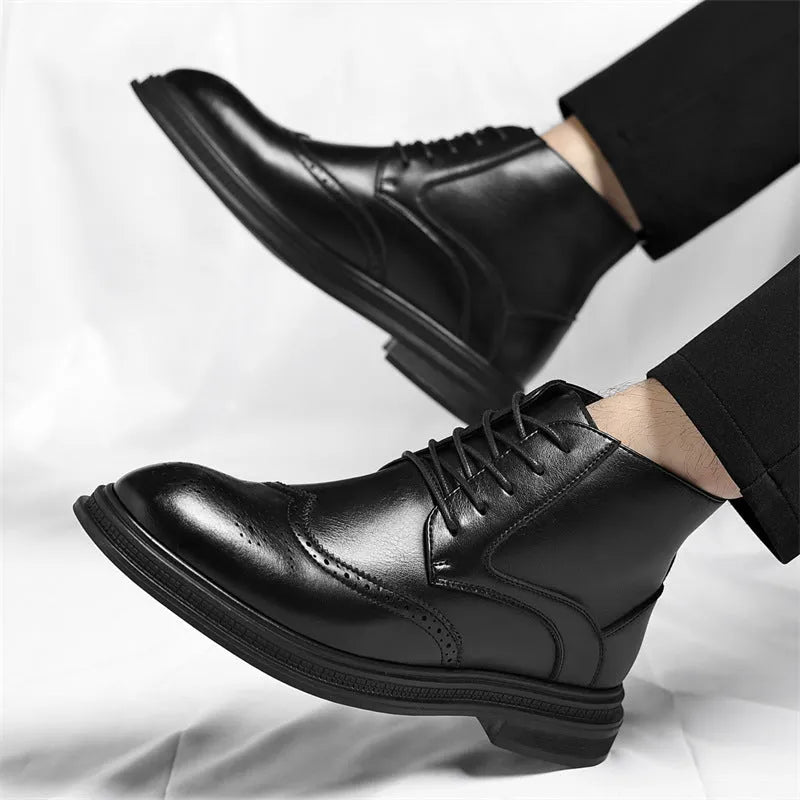 Men's leather Martin boots in black or brown, lace-up ankle style, sizes 37-48, optional wool lining