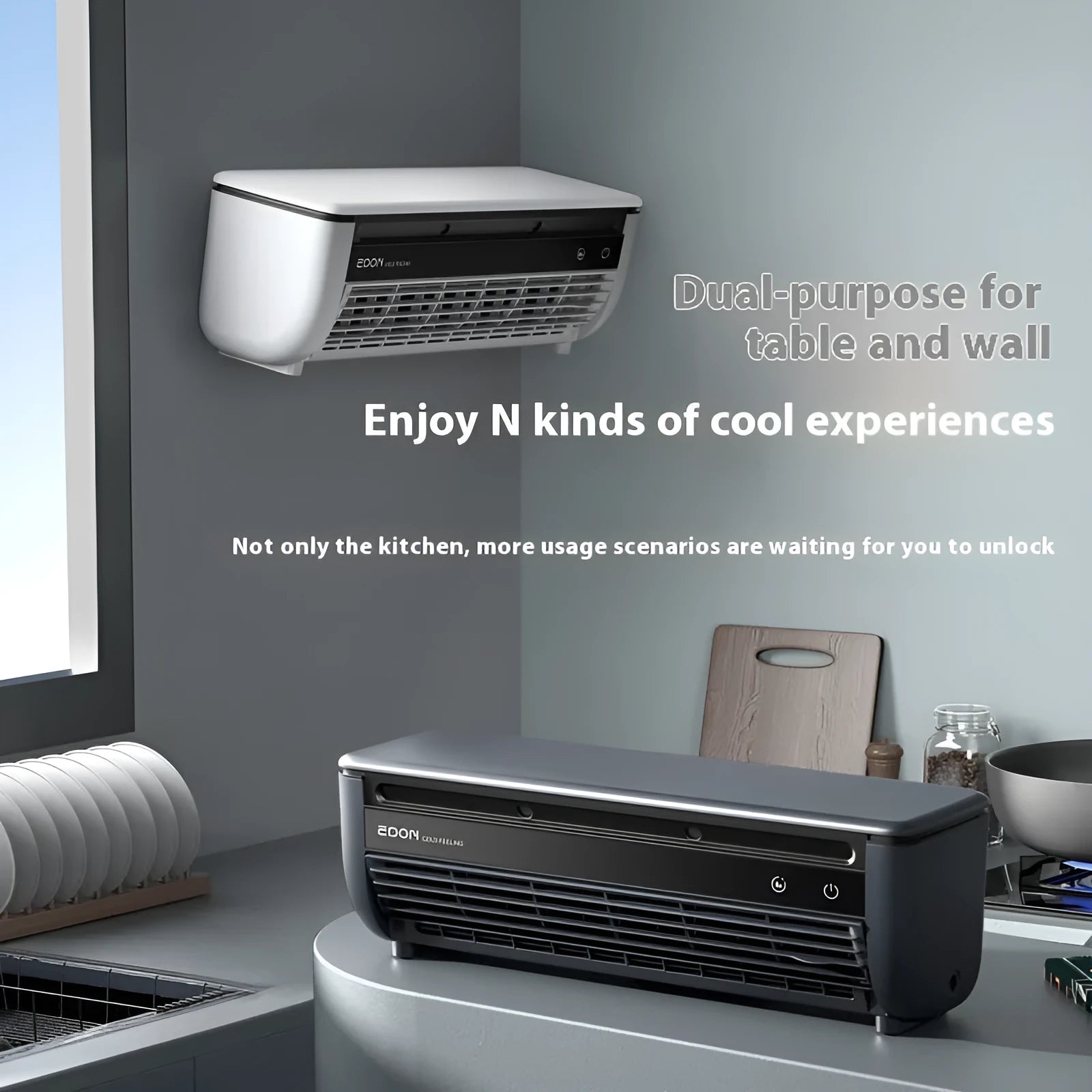 Grey rechargeable wall hanging fan with remote control and stand on a table