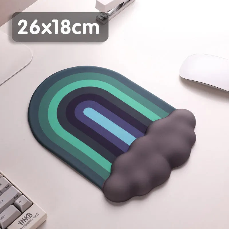 Silicone wrist rest mouse pad and keyboard holder set with cloud pattern on a desk.
