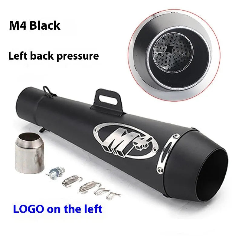 M4 universal motorcycle exhaust pipe in black finish, showing mounting hardware for large displacement bikes.
