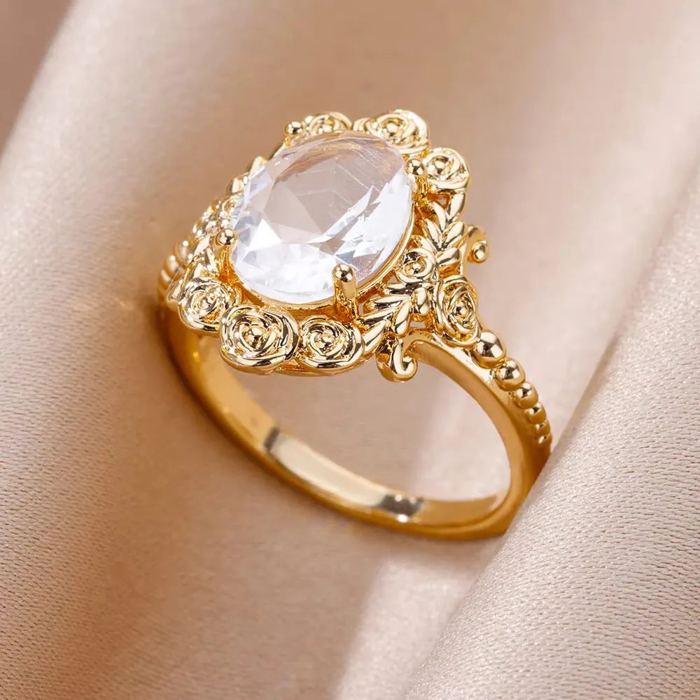 Adjustable 18K gold plated love emerald ring with synthetic zircon for women, open mouth copper design