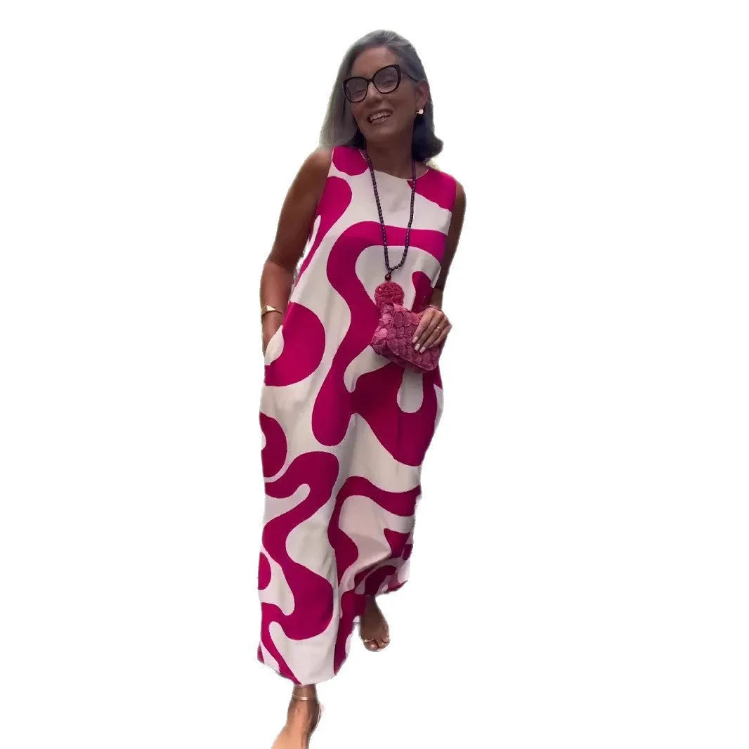 New V-neck printed sleeveless casual dress for women in rose red with A-line skirt
