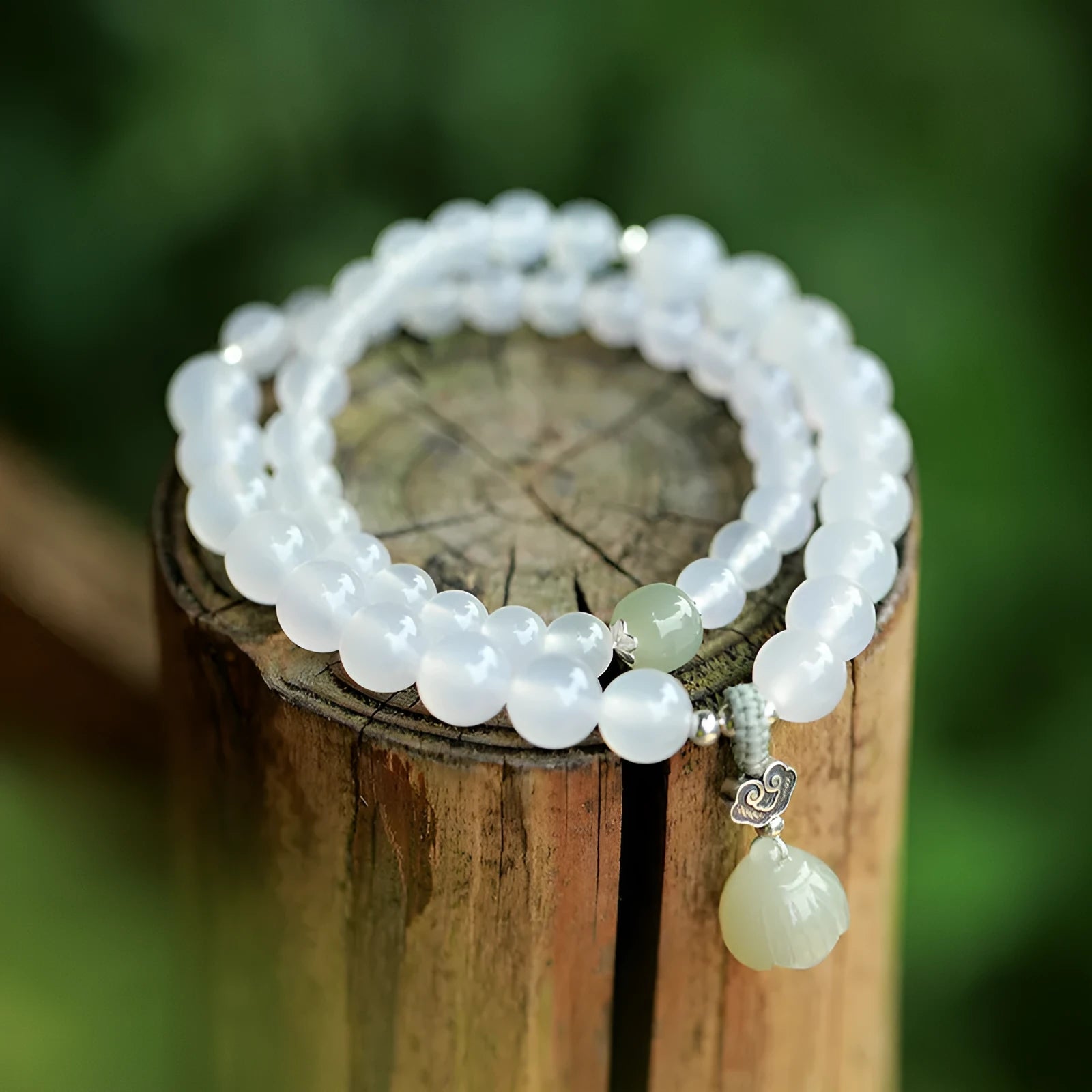 S925 silver and white agate Hetian jade lotus bracelet with geometric national style design