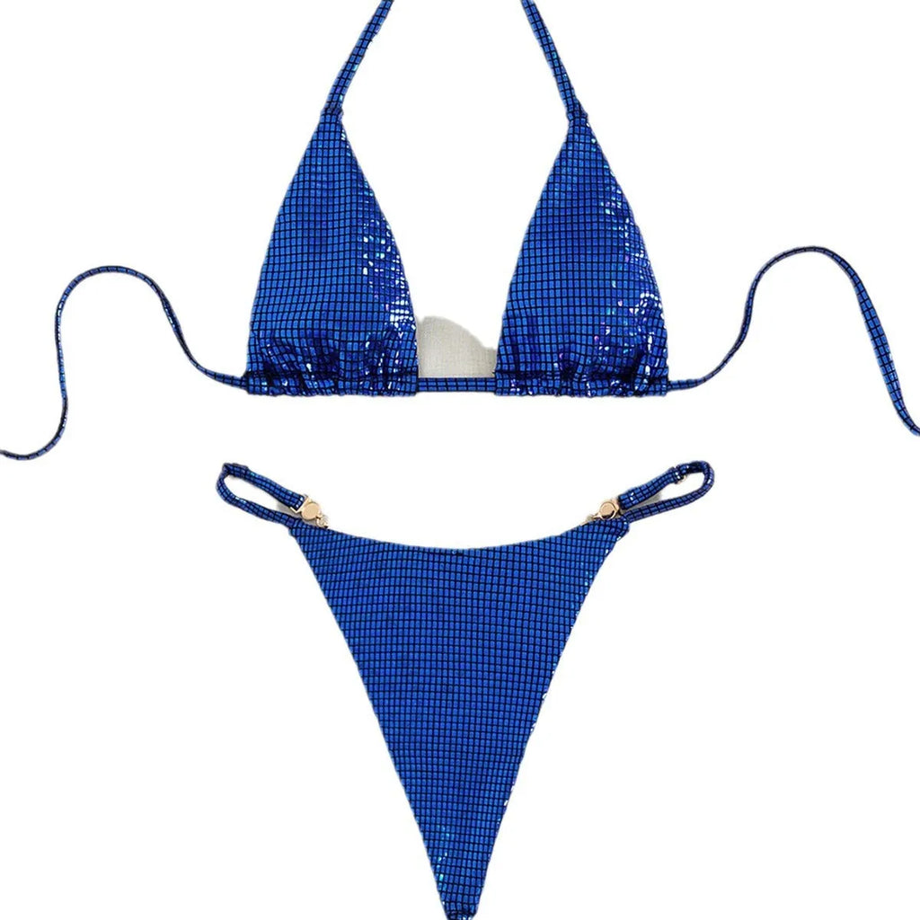 Women's solid colour T-back split bikini swimsuit in blue, rose red, gold or new colour