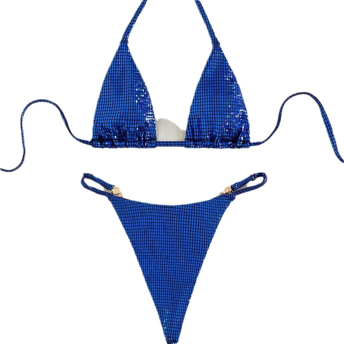Women's solid colour T-back split bikini swimsuit in blue, rose red, gold or new colour