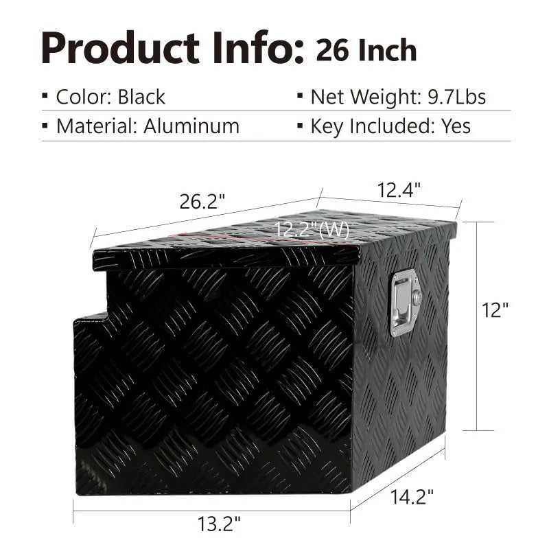 Black 26-inch aluminium alloy tool case with T-casting construction for professional tool storage.