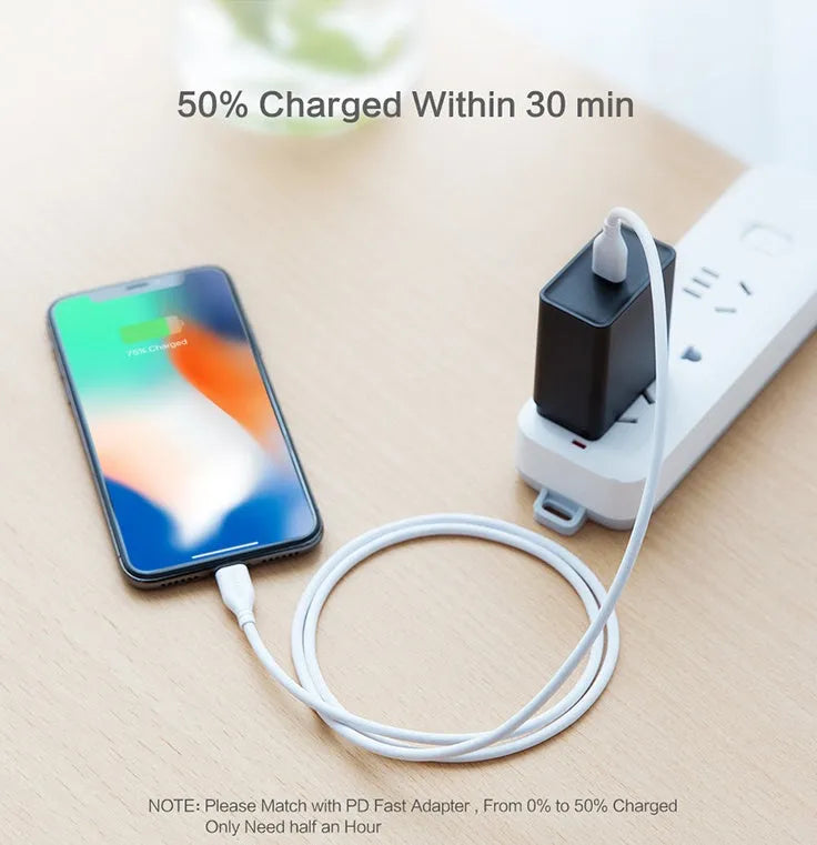 White nylon braided USB-C to Lightning charging cable, 1.8 metres long, shown coiled.