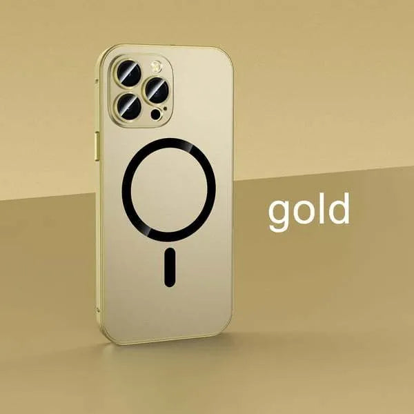 Magnetic iPhone case with aluminium alloy frame in dark purple, blue, silver, black, or gold colour.