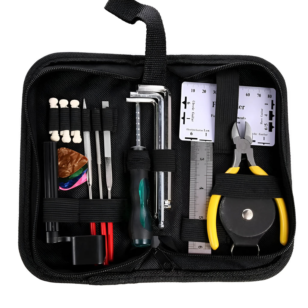 Black plastic case open to reveal 24 hardened steel guitar repair tools including cutters, winders, and files