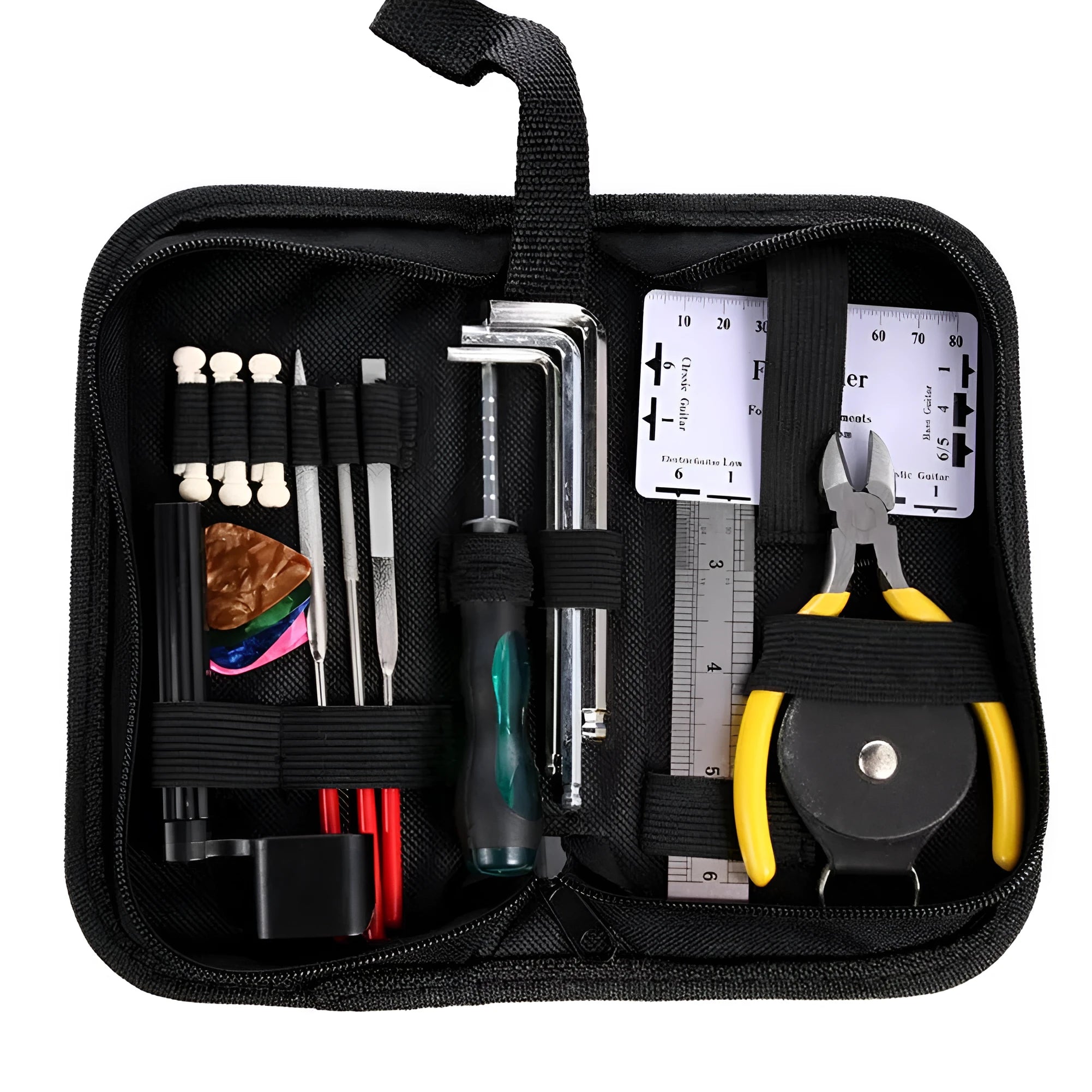 Black plastic case open to reveal 24 hardened steel guitar repair tools including cutters, winders, and files