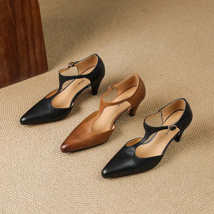 Brown retro women's sandals with T-strap buckle and closed round toe.