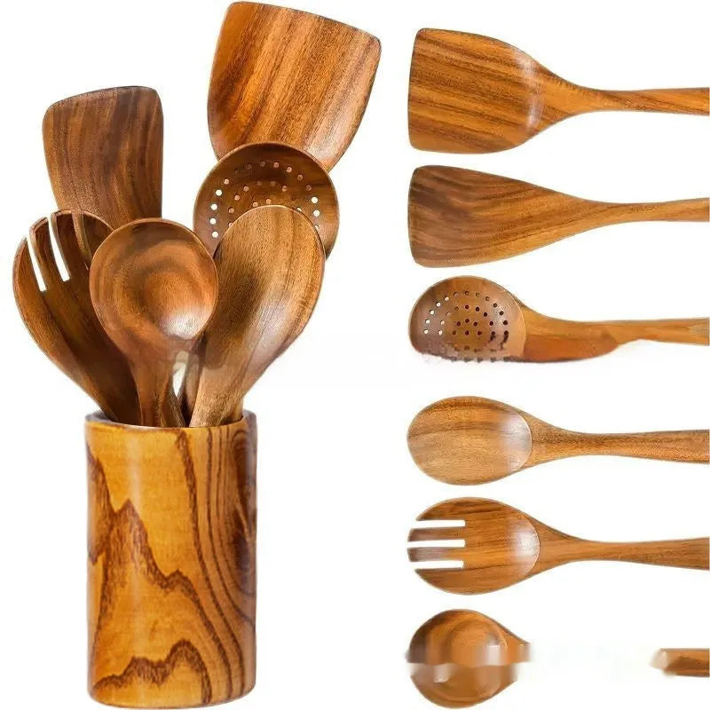Wooden seven-piece kitchen utensil set with spoons and spatula in four weight options