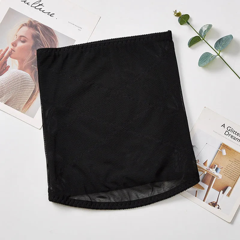 Black mesh postpartum belly band with cross waistband for waist trimming and tummy slimming