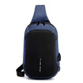 Dark blue Oxford cloth chest bag with zipper and adjustable strap, shown front-on.