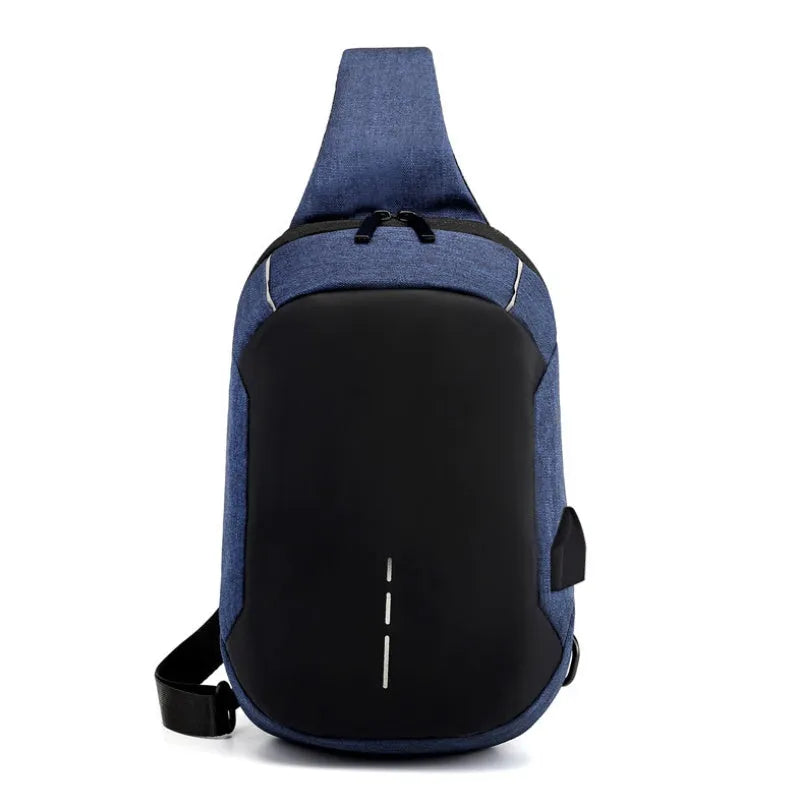 Dark blue Oxford cloth chest bag with zipper and adjustable strap, shown front-on.