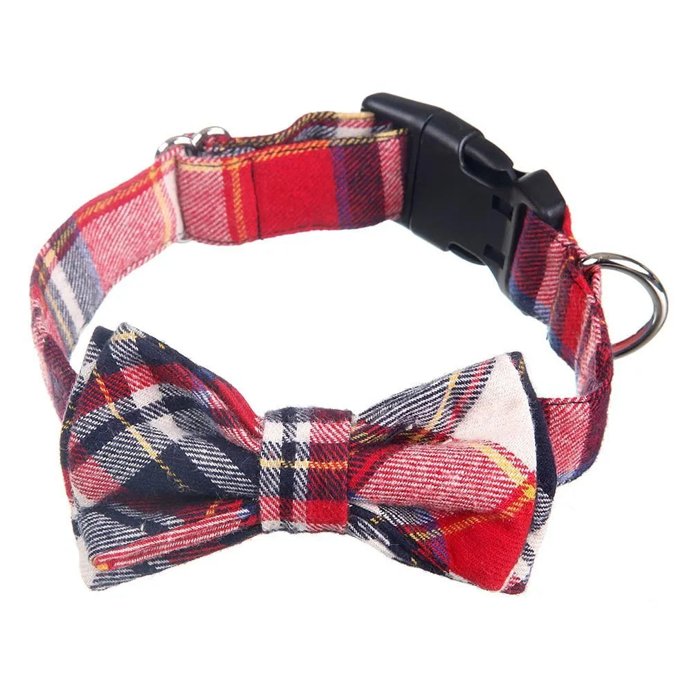 Cloth grid pattern dog bow collar in blue with S size for small to medium dogs