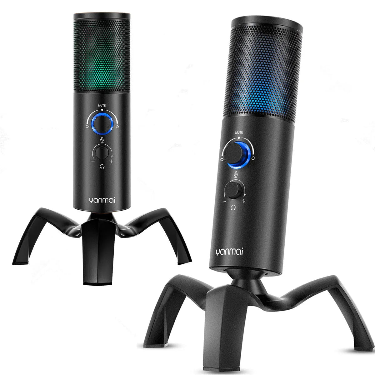 Black Q18 USB condenser microphone with RGB lighting on an adjustable metal tripod stand.
