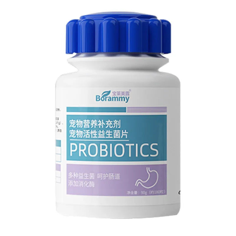 Bottle of 180 pet probiotic tablets for dog and cat digestive health support.