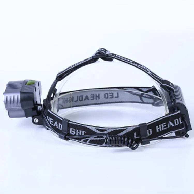 Outdoor headlamp showing long-range LED light beam and head-mounted design