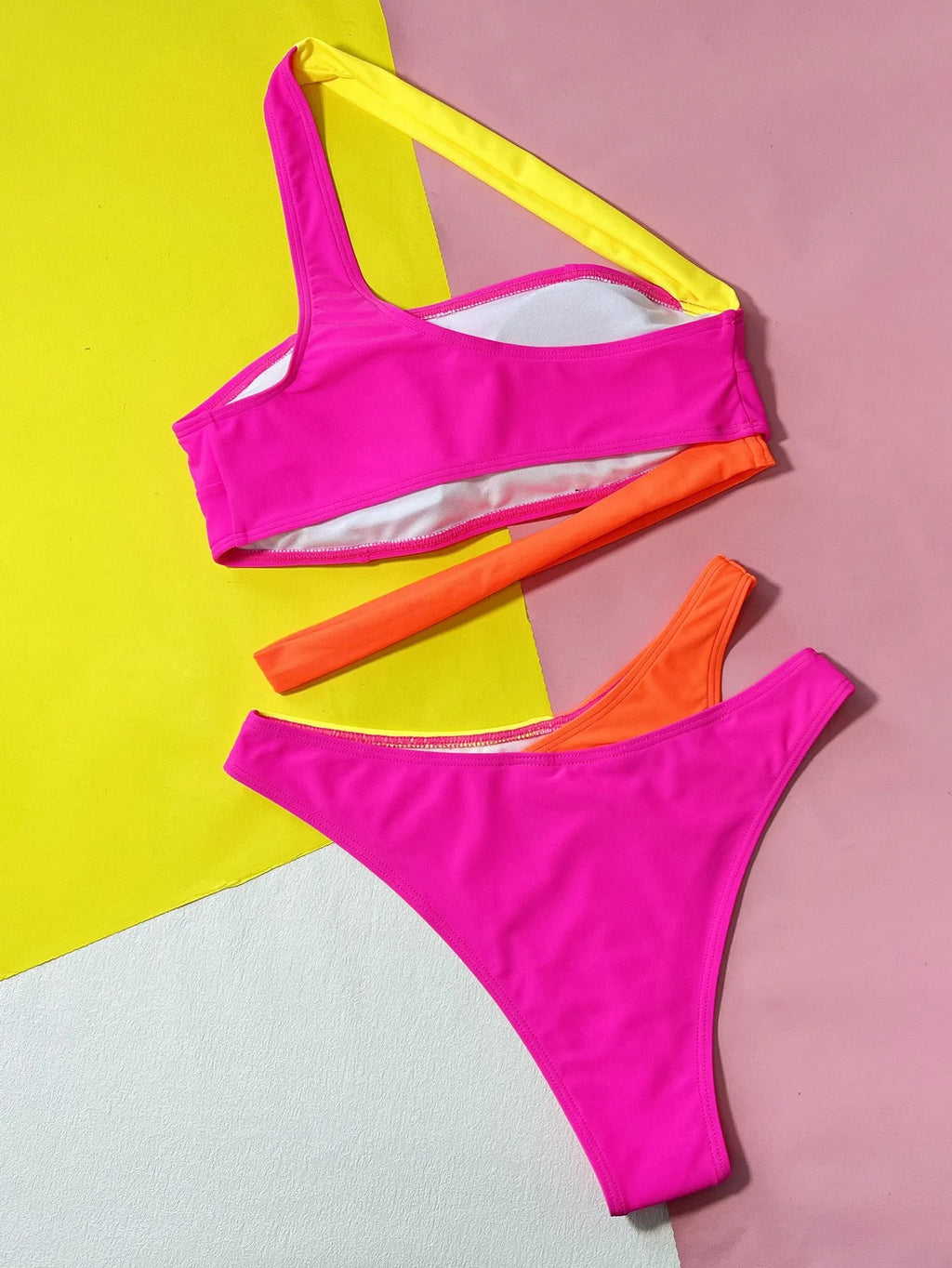 Rose red hollow contrast split bikini swimsuit with briefs style for swimming