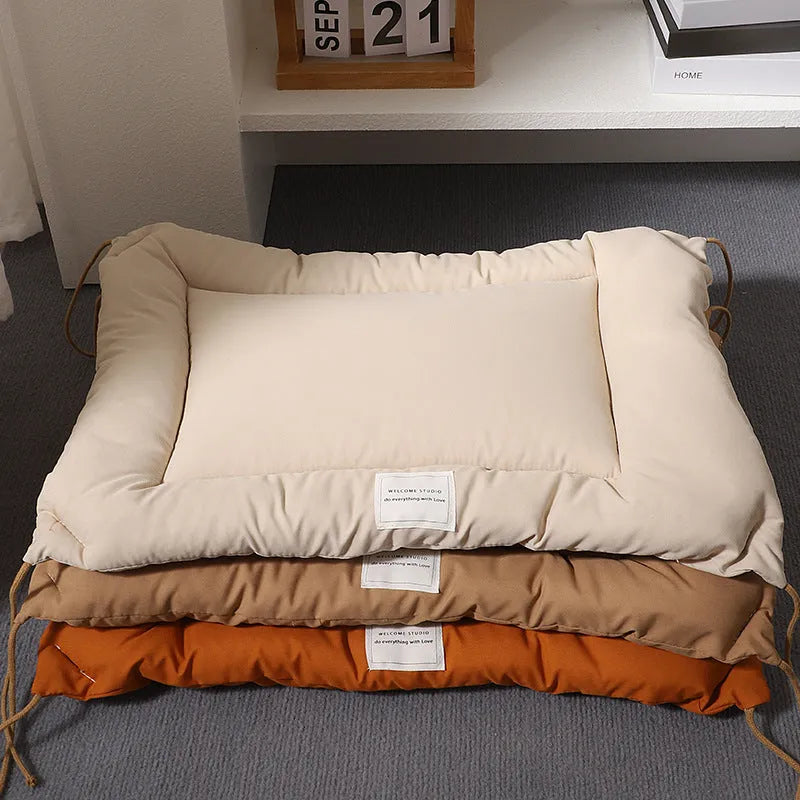 Tied dog cage cushion in beige colour showing platform design and attachment ties for metal pet cages
