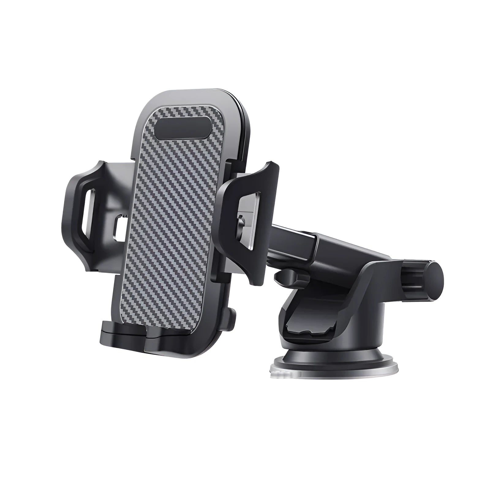 Black adjustable car phone holder with clamp for 4-7 inch smartphones on a car dashboard.