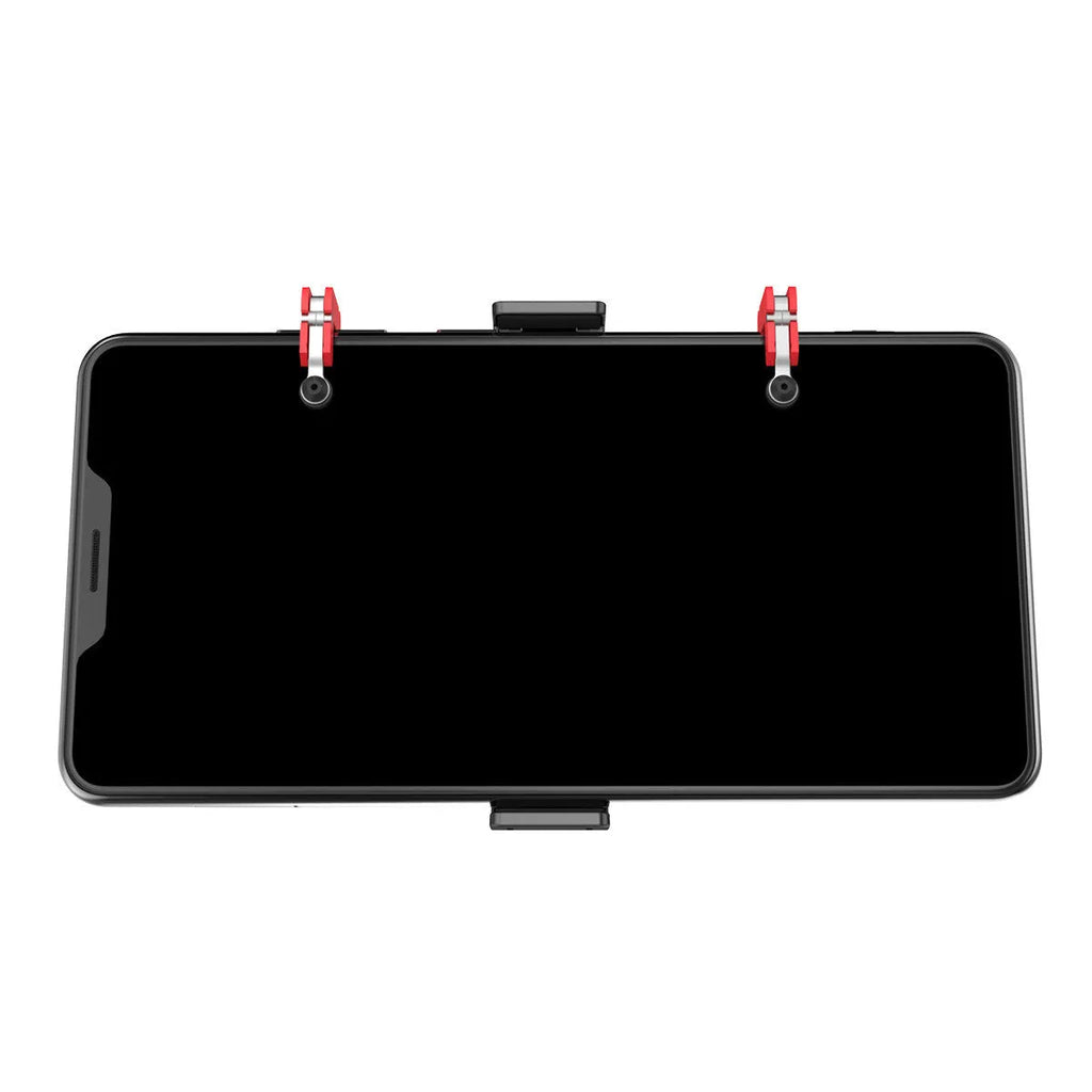 Black mobile phone gaming bracket with a trigger button and an extended telescopic phone clip.