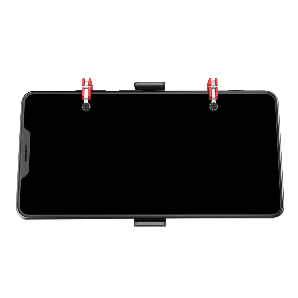 Black mobile phone gaming bracket with a trigger button and an extended telescopic phone clip.