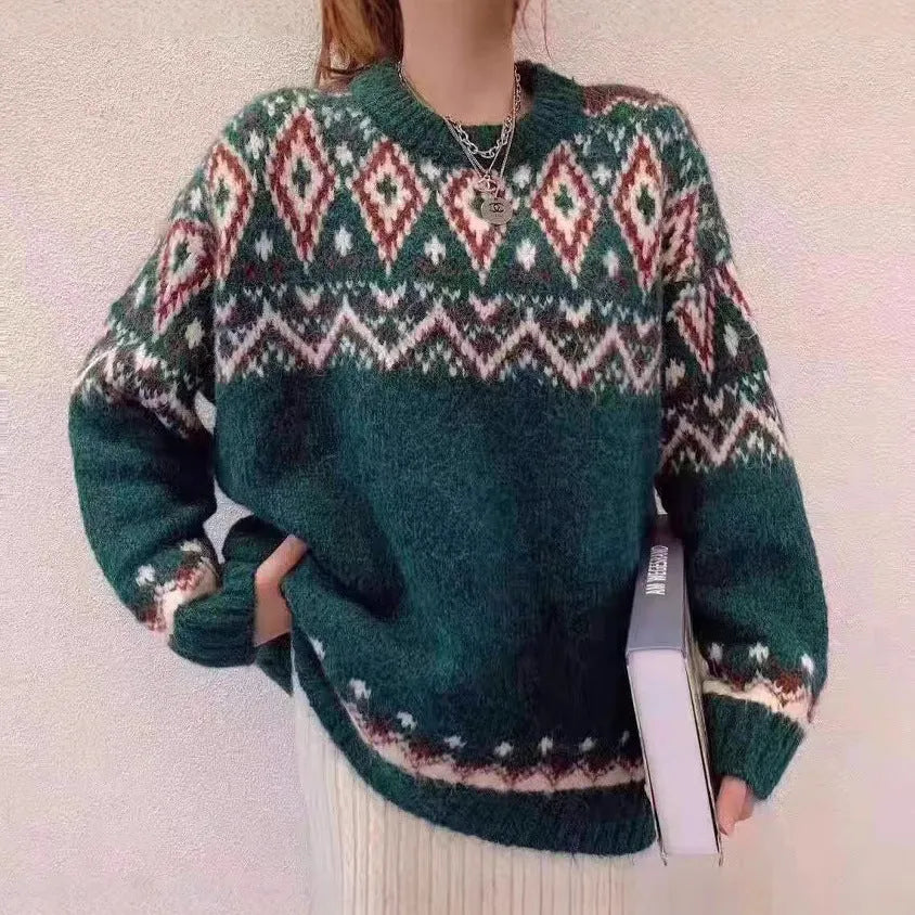 Red and white striped loose fit retro style long sleeve pullover knitted top