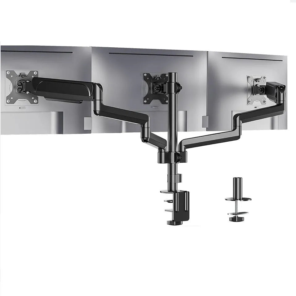 Black triple monitor gas spring arm for 13-27 inch screens with aluminium alloy construction