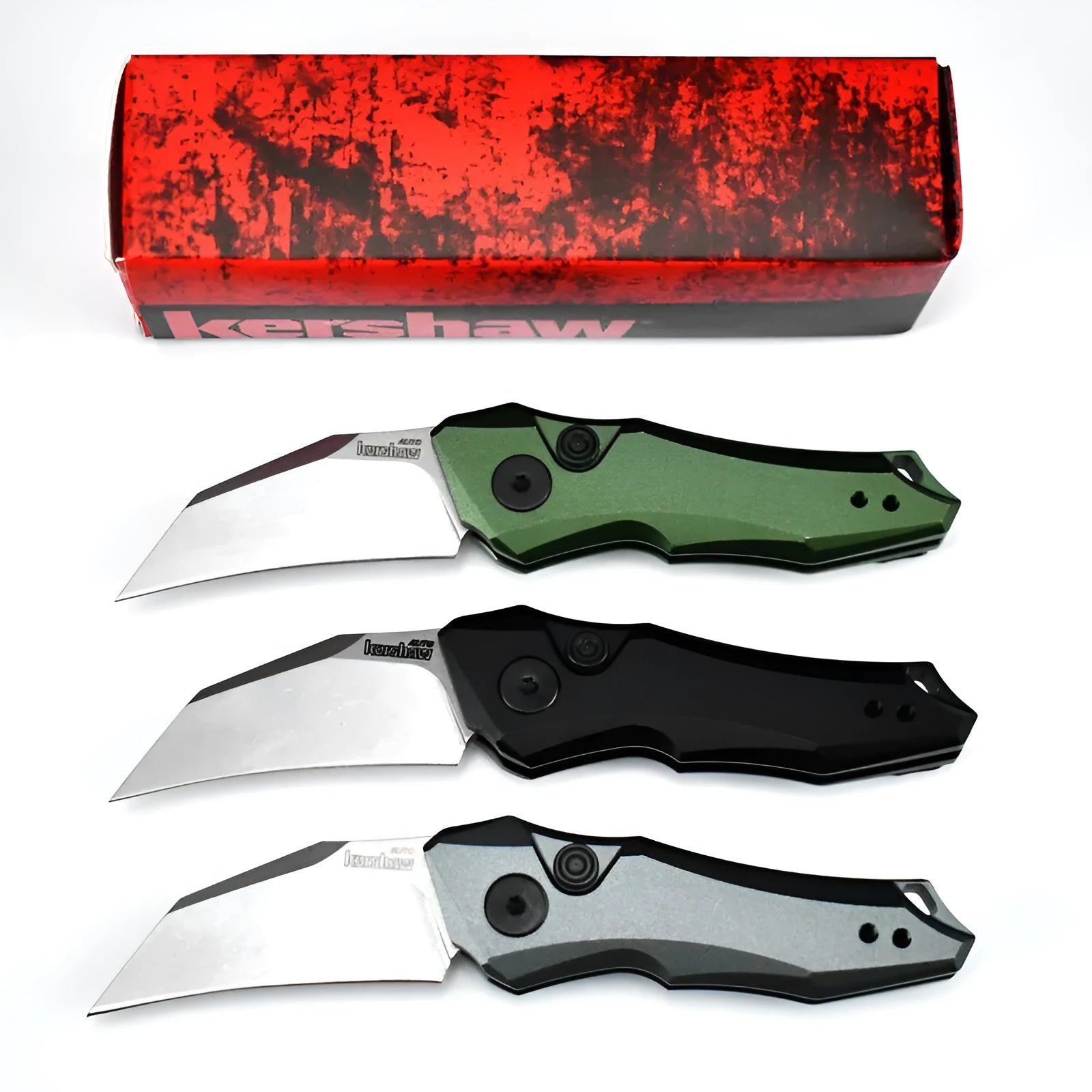 Outdoor folding knife showing black, grey, and green colour options with blade extended