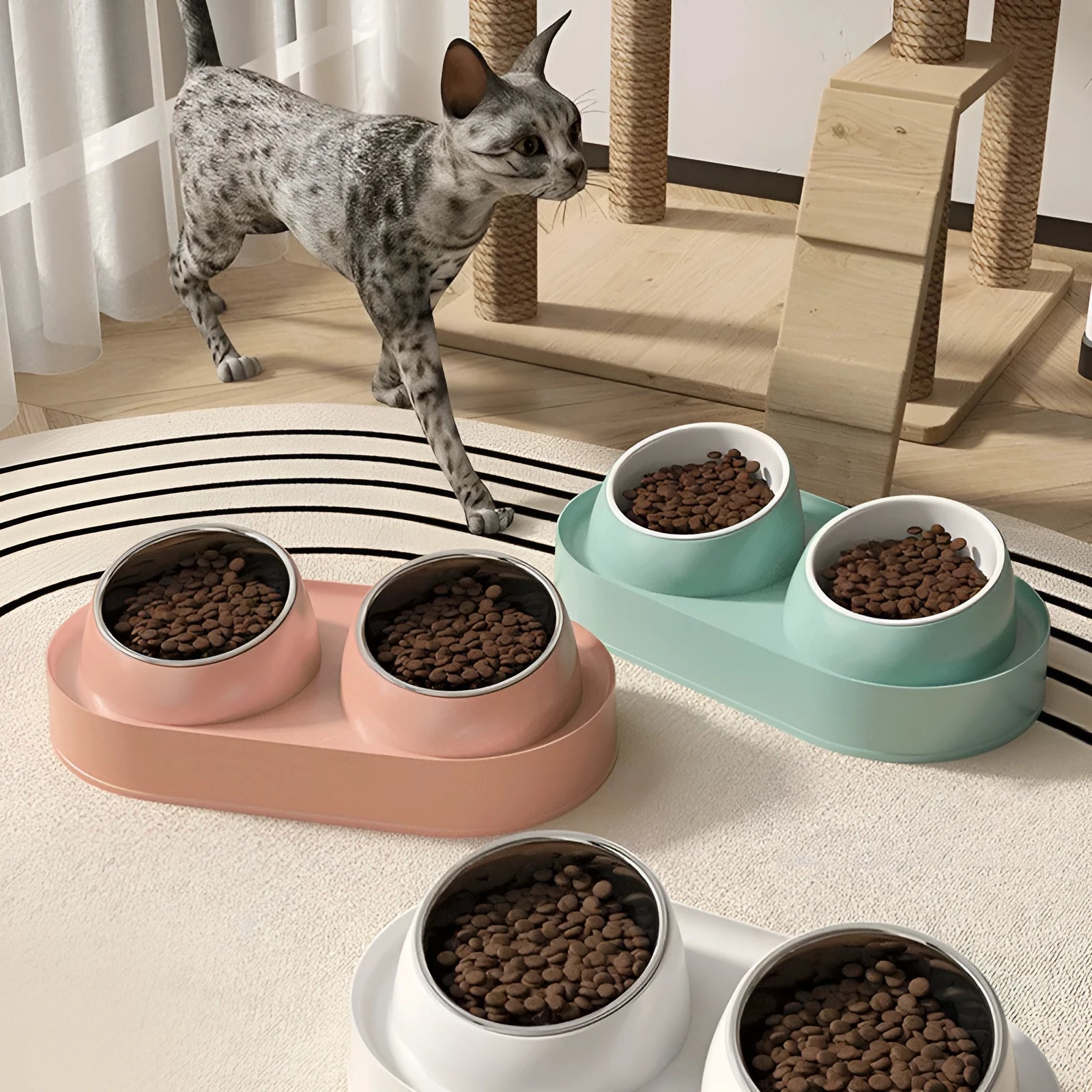 White elevated pet feeder with two tilted bowls on a wide base, for cats and small dogs.