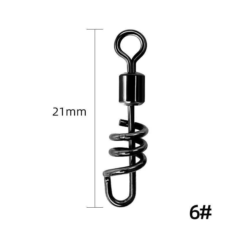 Close-up of a silver 8-shaped metal fishing swivel connector on a dark background.