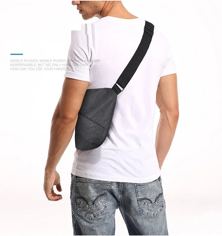 Dark gray right-shoulder crossbody chest bag with anti-theft function, polyester lining, file bag and sandwich zipper bag.