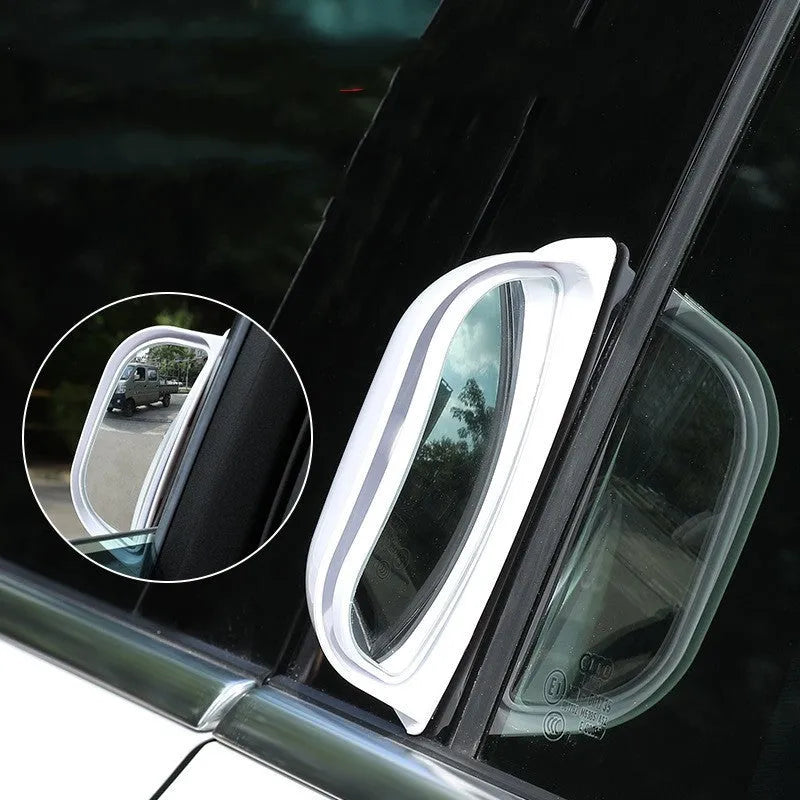 Black universal wide angle car mirror with white text, dimensions 126mm by 48mm.