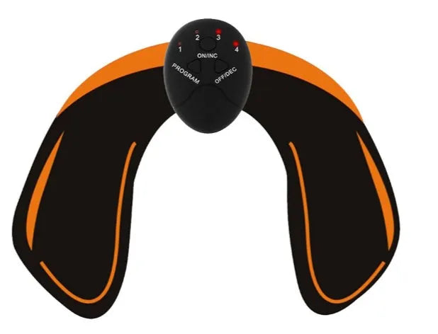 Compact black EMS muscle stimulator unit with conductive gel pads for abdominal and buttock toning
