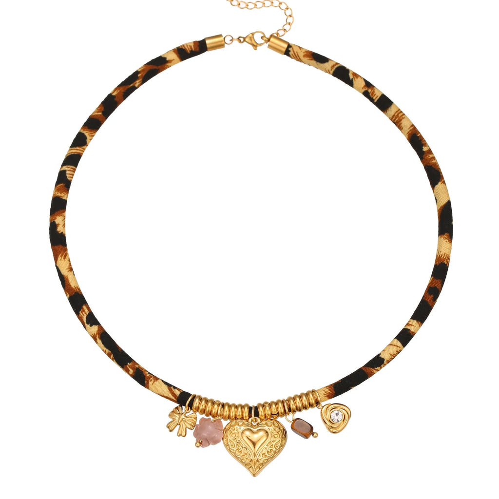 Geometric leopard pendant stainless steel necklace with gold electroplating on adjustable chain