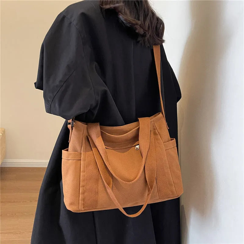 Large solid colour polyester canvas shoulder tote bag for women with outer pocket