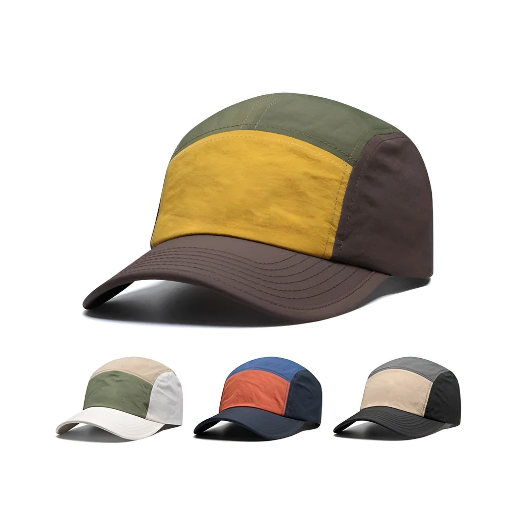 Men's khaki five-panel baseball cap with a curved brim and adjustable snap-back strap on a plain background.