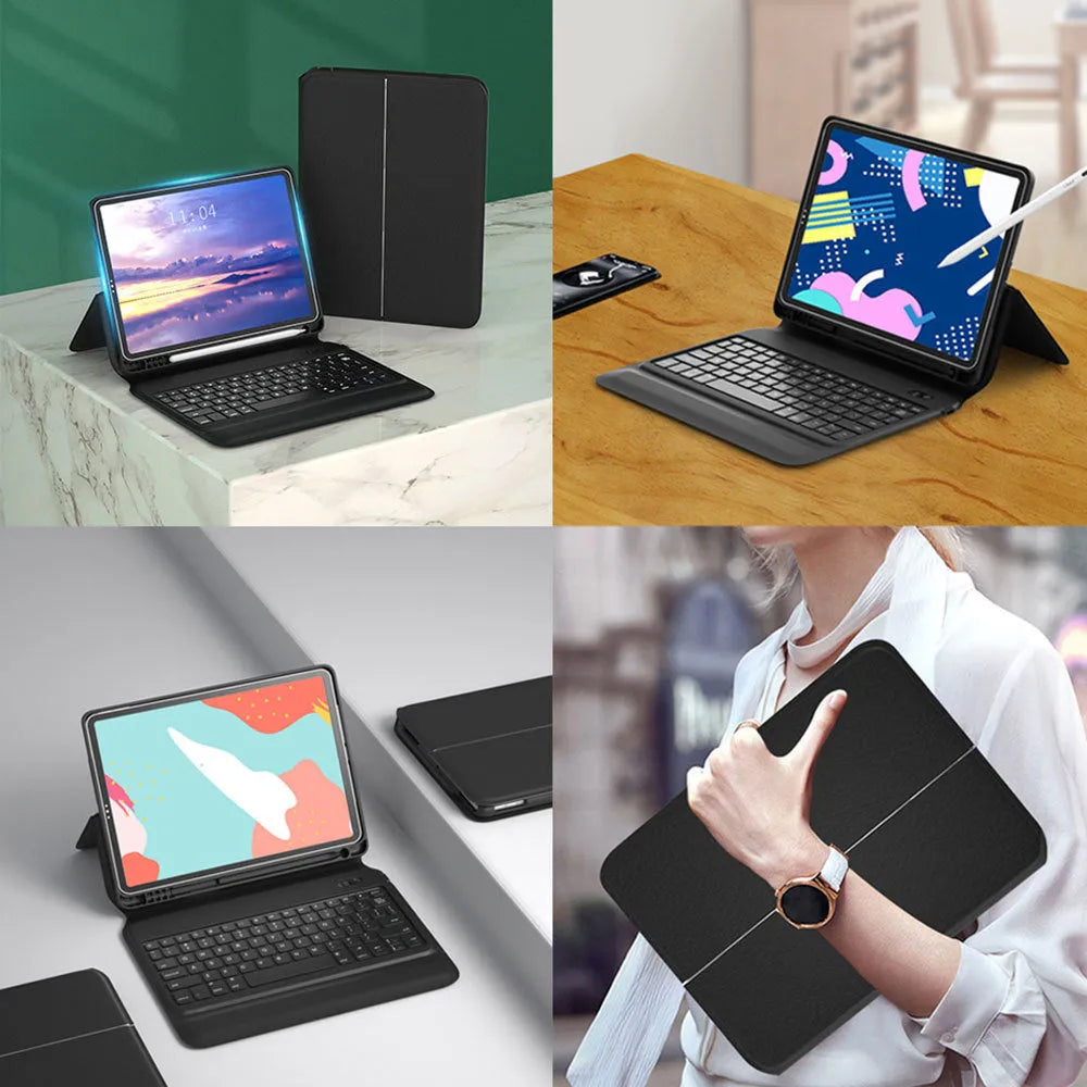 Ultra-thin black wireless Bluetooth keyboard case for iPad, flip style with imitation leather cover and integrated keyboard
