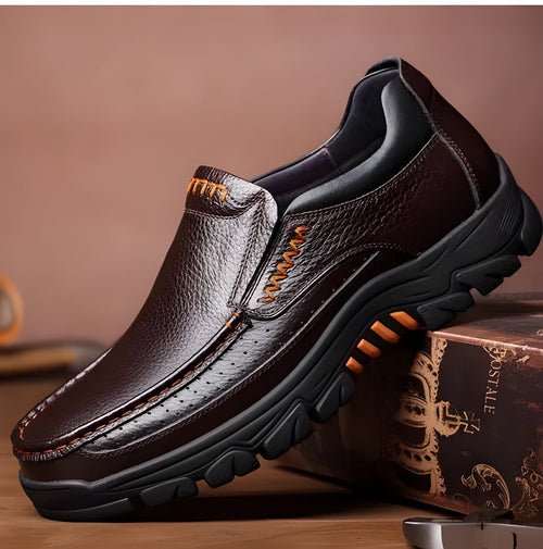 Men's black and brown business casual slip-on shoes with cowhide upper and rubber sole