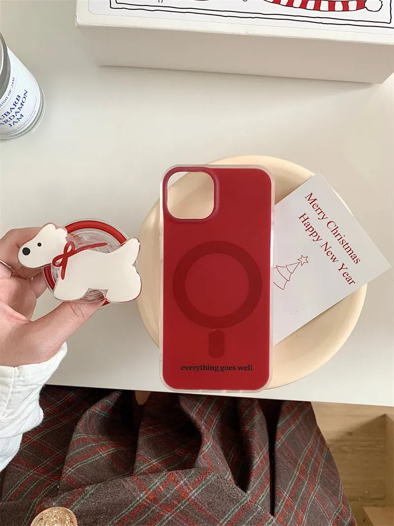 Wine red silicone phone case with embossed red bow tie puppy pattern and magnetic bracket for Apple iPhone