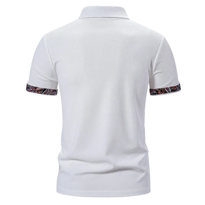 Men's navy blue polo shirt with white contrast stitching on the turnover neck and short sleeves.