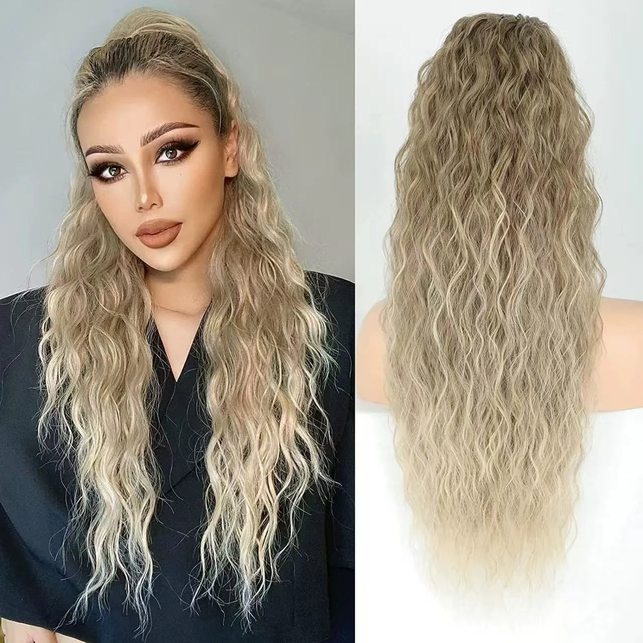 Long 30-inch curly ponytail wig in high temperature fibre for costume and cosplay.