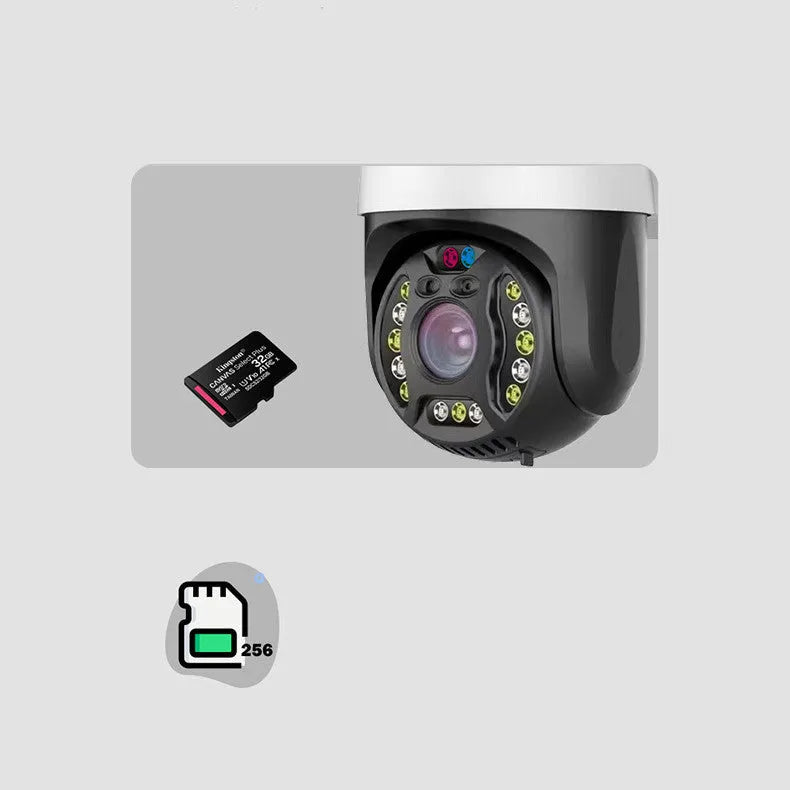Outdoor dome surveillance camera with 360-degree rotation on a wall mount, showing infrared LEDs for night vision.