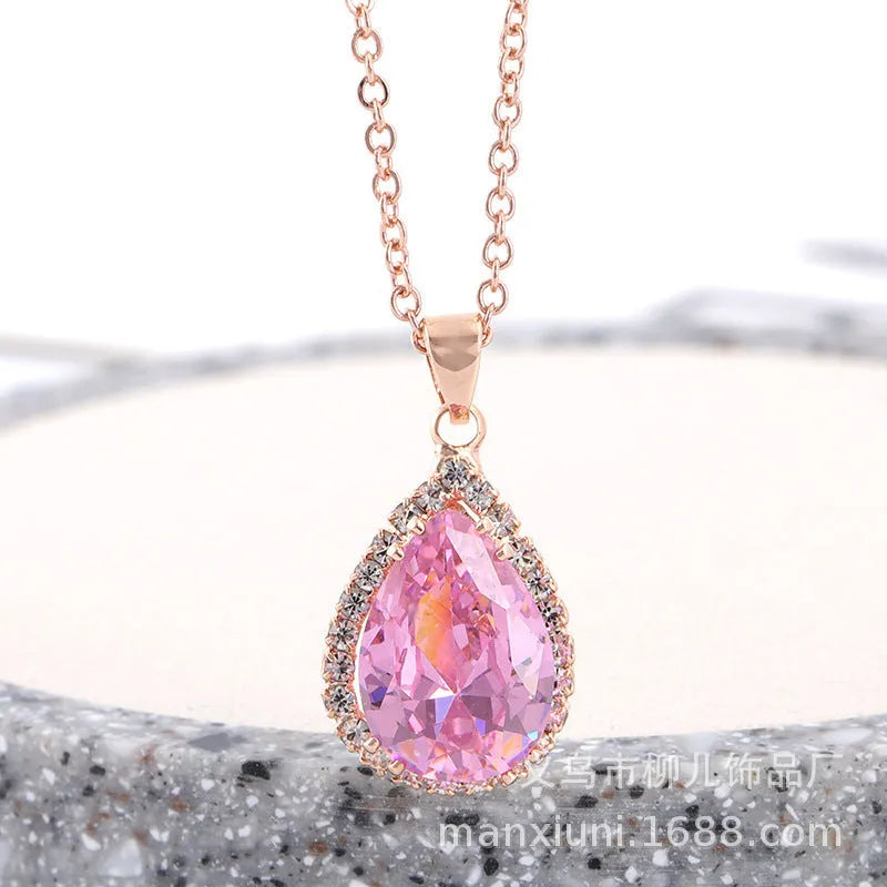 Women's drop shape necklace with geometric rhinestone pendant in multiple colour options