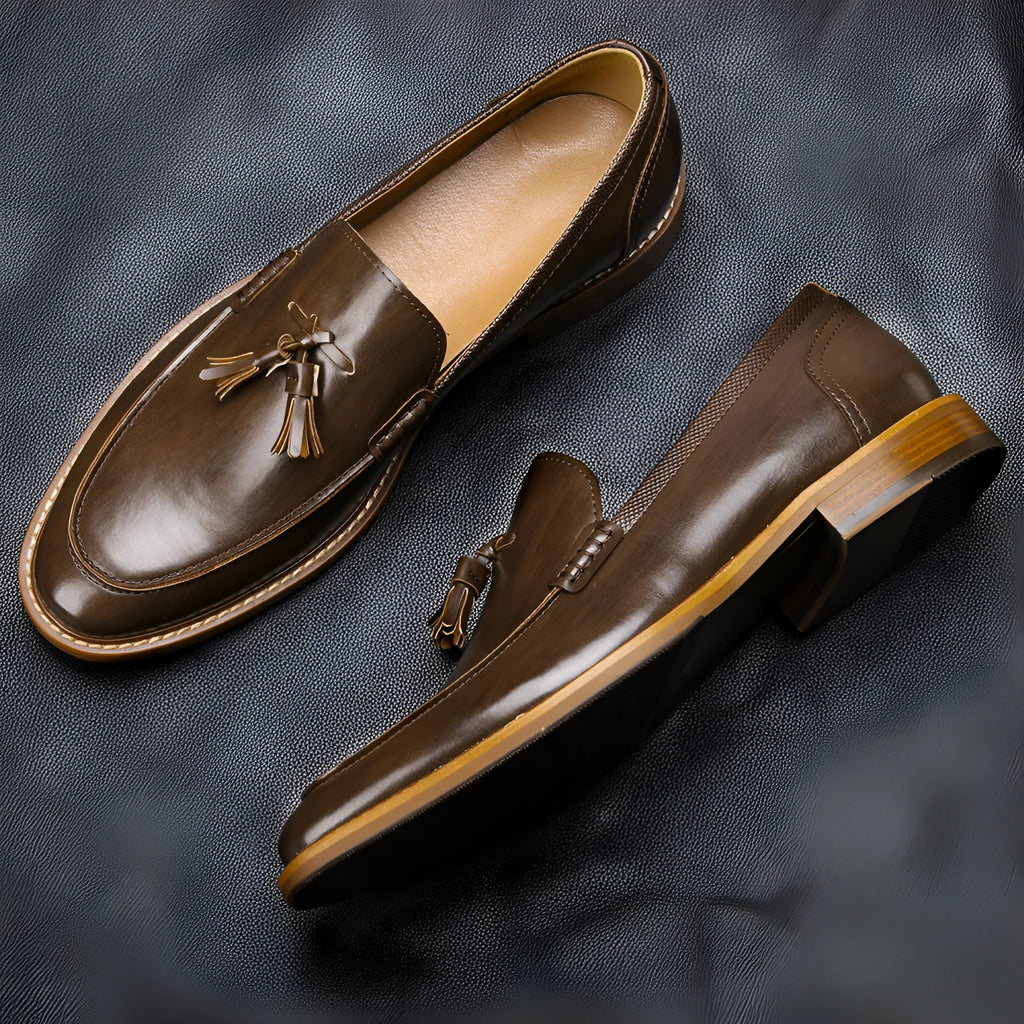Mens wood grain tassel loafers slip-on business formal shoes PU upper composite sole