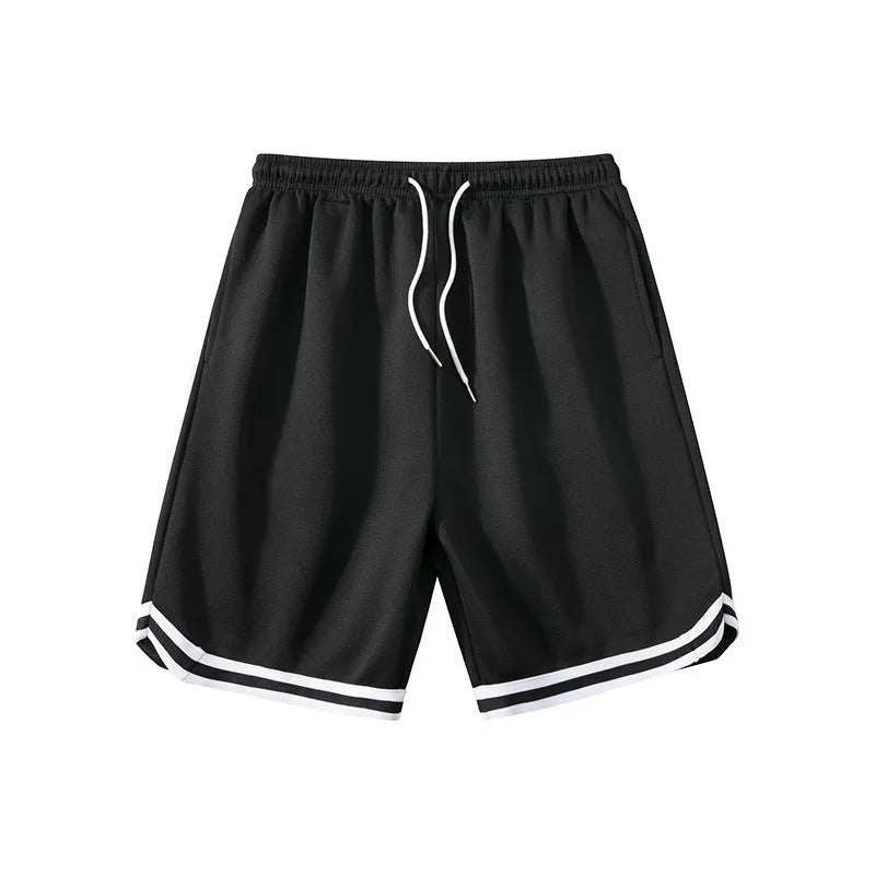 Men's loose-fit polyester sports shorts in various colours on a size chart.