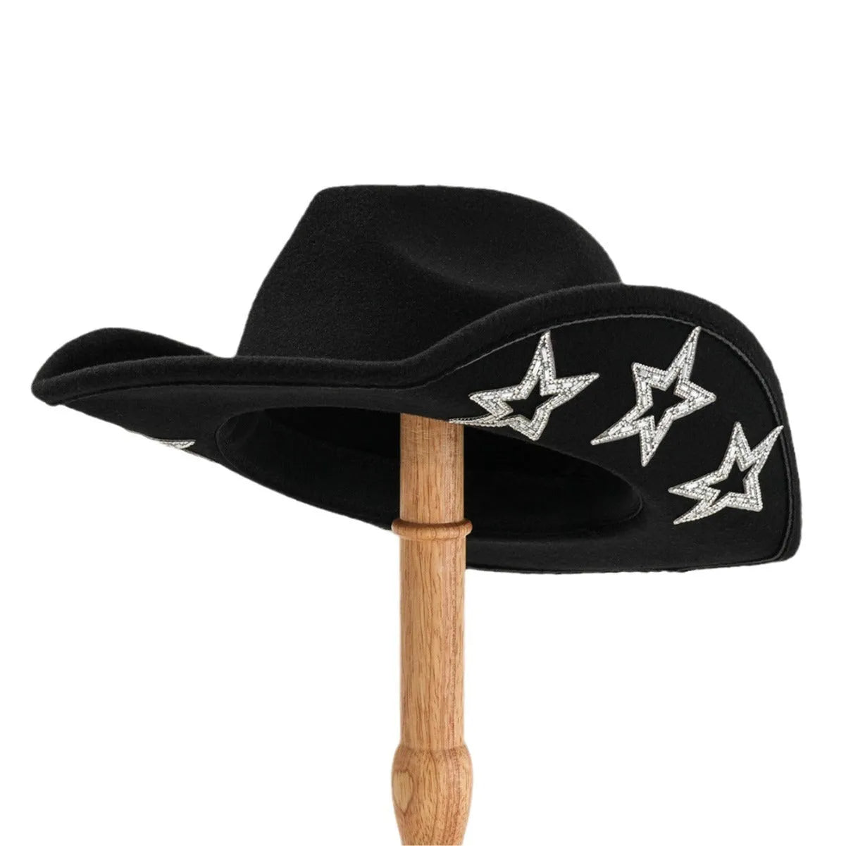 Beige woven polyester western top hat with a conical crown and a hexagonal star decoration on the front.